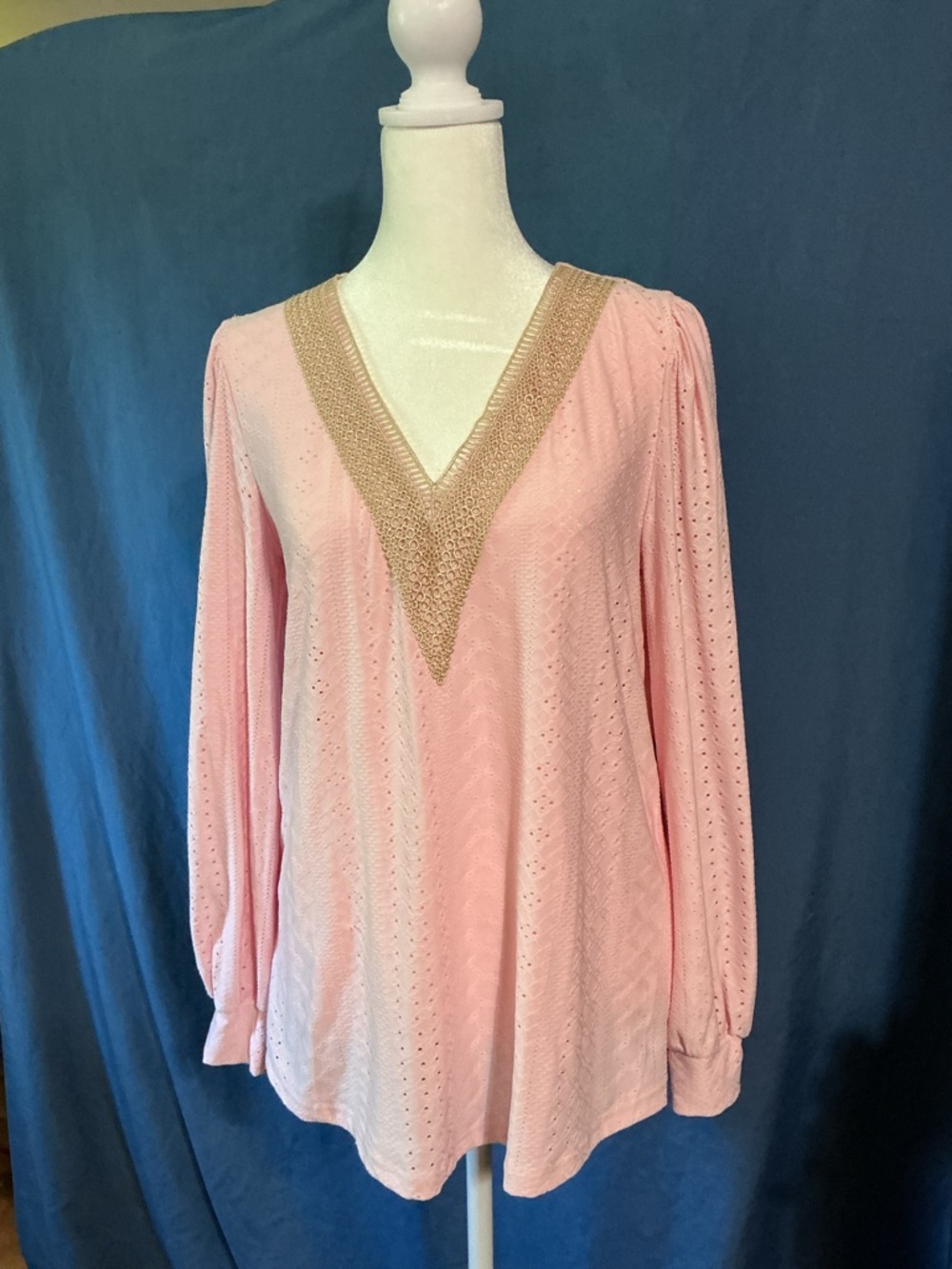 SHEIN Pink Long Sleeve V-Neck Top with Gold Trim